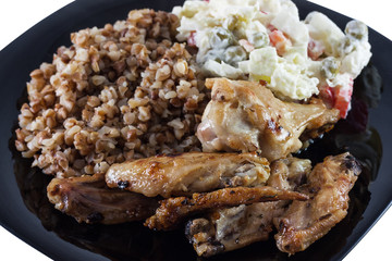 Buckwheat porridge with salad and meat