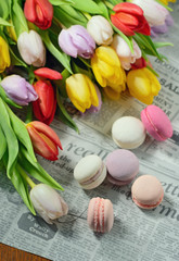 Colorful tulips and macaroons