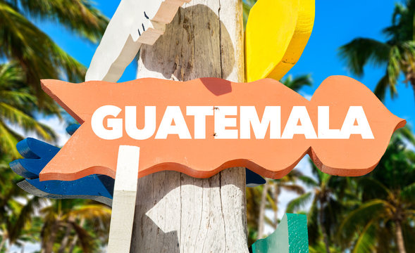 Guatemala welcome sign with palm trees