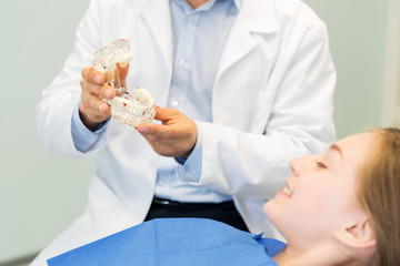 Naklejka premium close up of dentist showing teeth maquette to girl