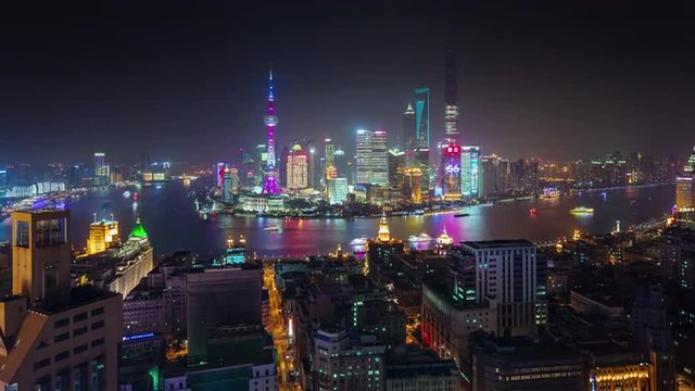 shanghai roof top river bay famous cityscape panorama 4k time lapse china
