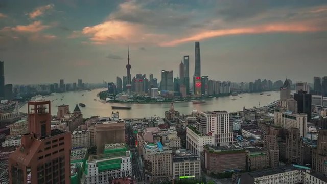 sunset twilight shanghai cityscape famous bay roof top panorama 4k time lapse china
