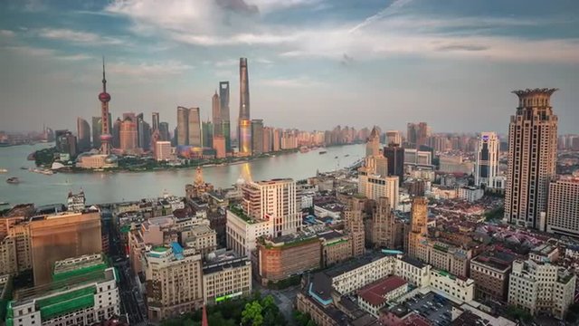 sunset shanghai famous bay roof top aerial panorama 4k time lapse china
