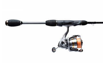 Exclusive custom fishing rod and professional reel isolated on w