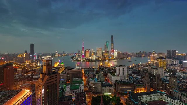 shanghai city river bay sunset twilight famous roof top panorama 4k time lapse china
