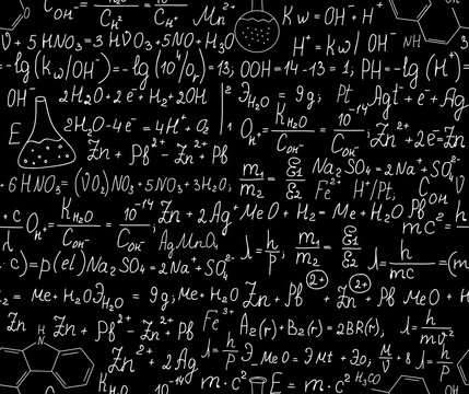 Chemistry vector seamless pattern with equations, formulas and laboratory equipment