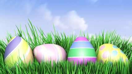 Easter eggs hiding in Fresh Green Grass.