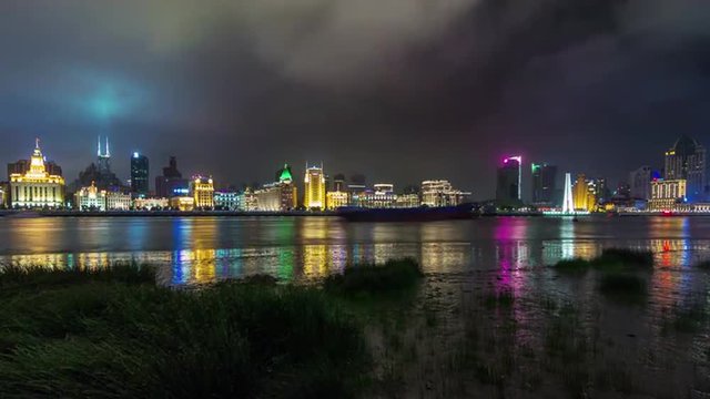 shanghai nigh light cityscape river bay custom house panorama 4k tim elapse china

