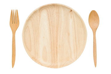 Isolated wooden dish with spoon and fork - kitchenwear