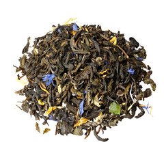 Mix green tea with cornflower petals, marigold, candied fruit, a