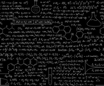 Beautiful chemistry vector seamless pattern with equations, formulas and laboratory equipment