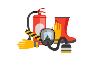 Safety equipment vector set. Fire protection and fire. A gas mas