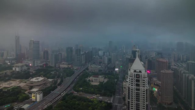 storm rainy sky shanghai cityscape roof top panorama 4k time lapse china
