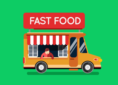 Fast food city car. Food truck, auto cafe, mobile kitchen, hot f