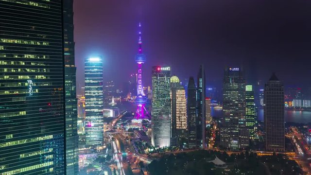 night shanghai cityscape downtown roof top traffic streets panorama 4k time lapse china
