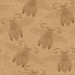 Night creatures seamless pattern with moths and fireflies.