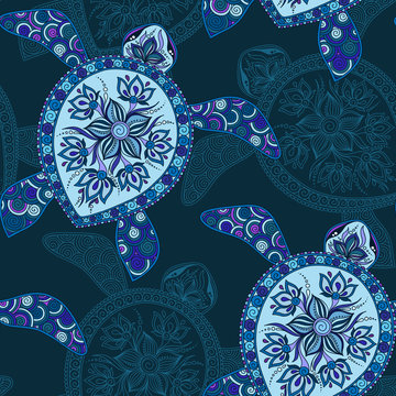 Seamless pattern with turtles.  Indian mehndi style
