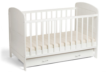White wooden baby crib isolated on white background - obrazy, fototapety, plakaty