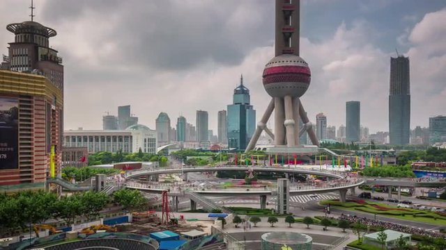 shanghai city famous oriental pearl tower square panorama 4k time lapse china
