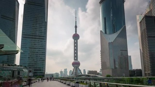 shanghai city day downtown famous buildings walk panorama 4k time lapse china
