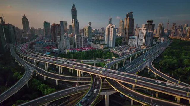 shanghai city traffic road junction roof top panorama 4k time lapse china
