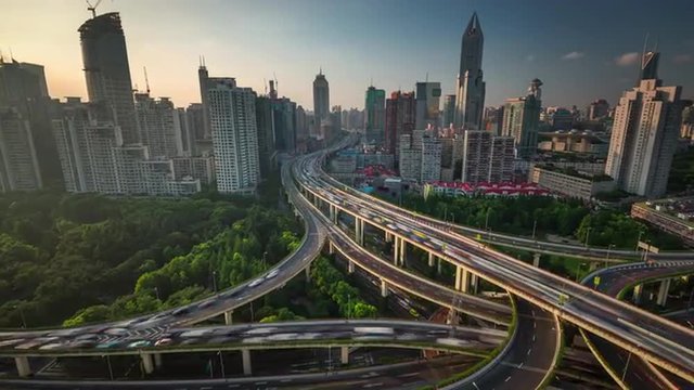sunset sunrise traffic road junction shanghai roof top panorama 4k time lapse china
