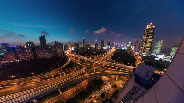 sunset night shanghai traffic road junction roof top panorama 4k time lapse china
