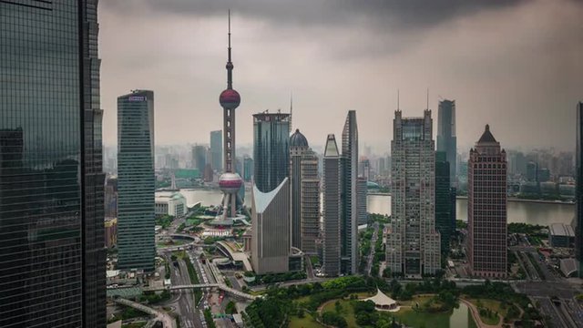 shanghai cityscape storm sky roof top downtown panorama 4k time lapse china
