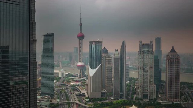 shanghai cityscape downtown famous buildings roof top panorama 4k time lapse china
