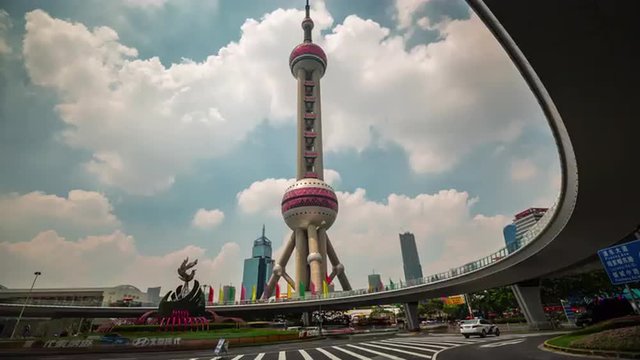 shanghai city most famous building oriental pearl tower traffic square 4k time lapse china
