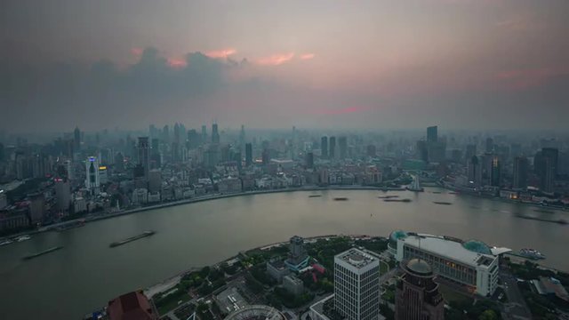 shanghai city sunset traffic cargo river bay roof top panorama 4k time lapse china

