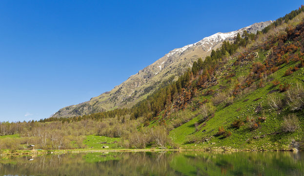 Mountains and lake in the Teberda reserve Karachay-Cherkess Republic.