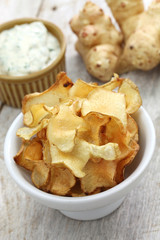 homemade jerusalem artichoke chips with dipping sauce