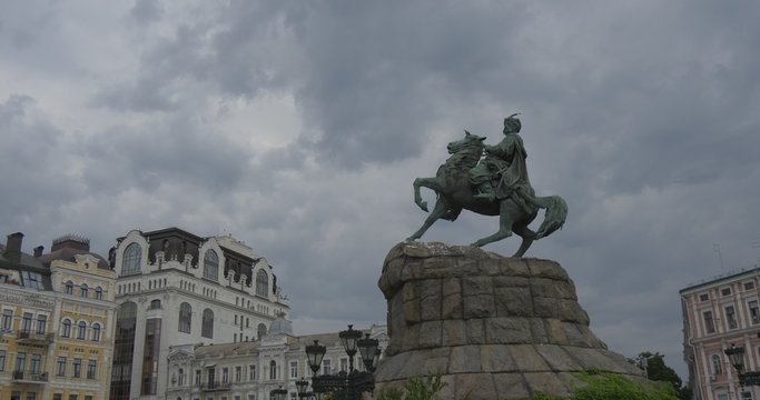 Monument of Bohdan Khmelnytsky On Sofia Square, Kiev, Old Multi-Storeyed Living Houses on Background
