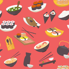 Seamless sushi pattern, flat design vector for restaurant, menu, cafe, culinary blogs and sites.