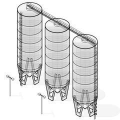 Grain silo isometric building infographic, big wire seed elevator on white background. Illustration set for article, agriculture, farming, husbandry. Flatten isolated master vector. © weenee