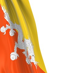 Hanging Flag of Bhutan - 3D Render of the Bhutanese Flag Draped over white background