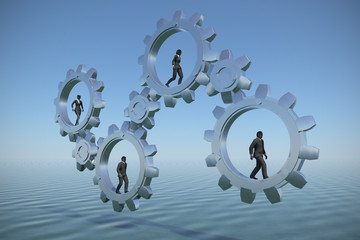 Gears of teamwork at sea. Executives walking inside gears at sea demonstrate the power of cooperation and synergy.