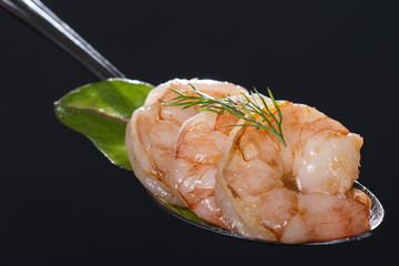 shrimps on a spoon on a black backbaggrund