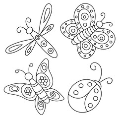 Set of outlined hand drawn butterflies, ladybug and dragonfly.