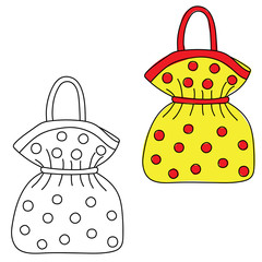 Handbag. Hand drawn doodle. Black and white and colored version. Vector illustration.