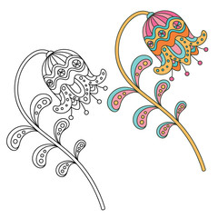 Floral design elements. Hand drawn doodle. Black and white and colored version. Vector illustration.
