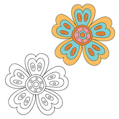 Floral design elements. Hand drawn doodle. Black and white and colored version. Vector illustration.
