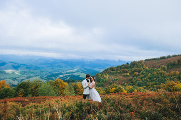 Fototapeta na wymiar happy newly married couple posing in the mountains