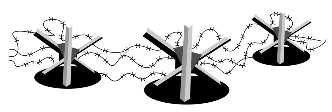 Fence and barrier made of barbed wire and hedgehog barrier. Closed and forbidden place.