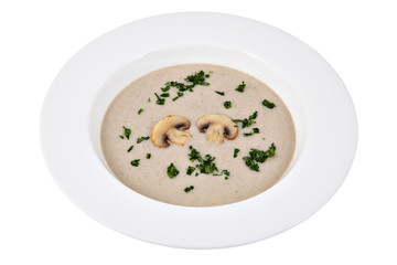 Liquid dish, Mushrooms cream soup  in white plate, studio shot.