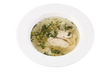 Chicken bouillon in deep round plate isolated on white backgroun