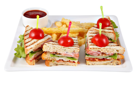 Four Club Sandwich With Chicken Fillet On White Serving Platter.