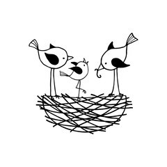 The family of birds in the nest, the parents feed their nestling. Contour Vector illustration.
