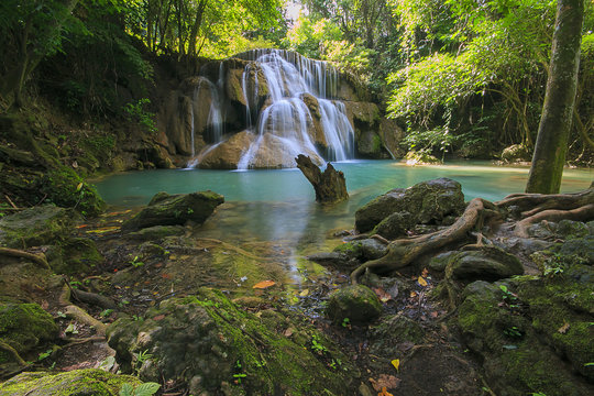 Waterfall in a deep forest,Kanchanaburi,Thailand (nature, landscape, waterfall)